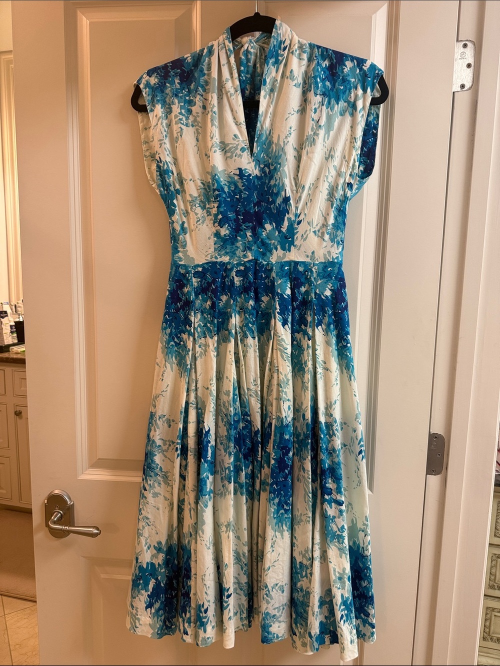 Anthropologie Blue Floral Midi Dress - Elegant V-Neck Fit & Flare